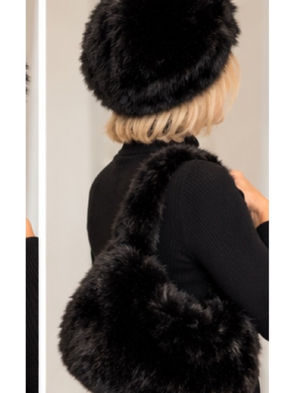 NEW: Faux Fur Black Hat Shoulder Bag Set - Stylish Winter Accessories dust bag - Picture 4 of 10